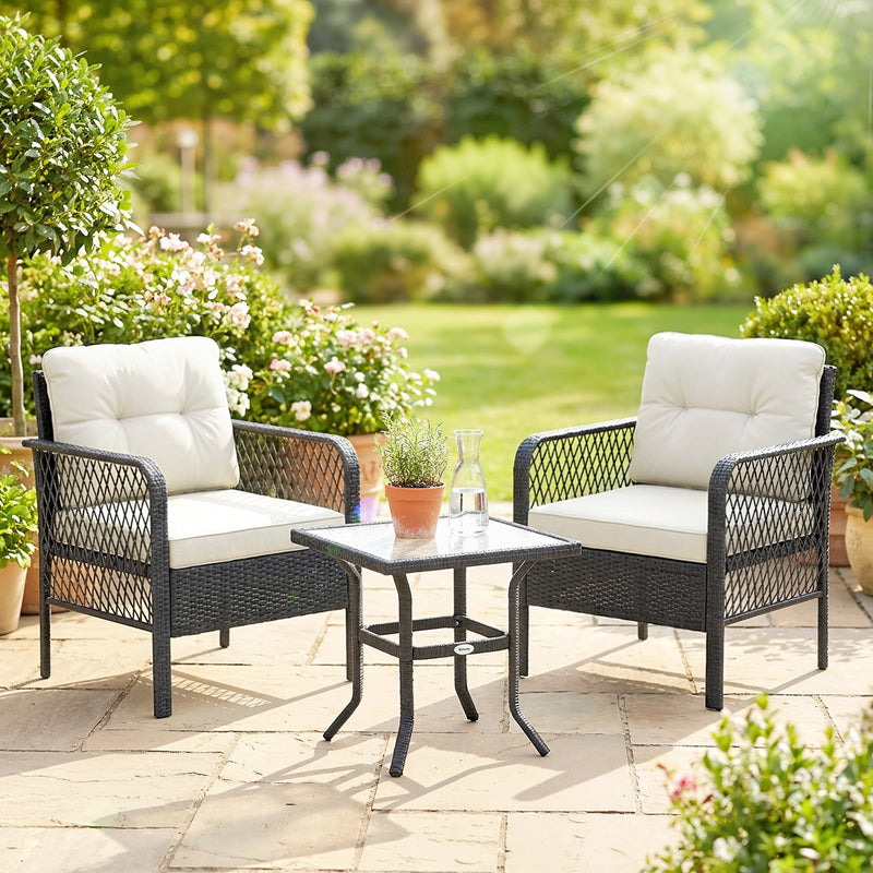 Rattan Garden Bistro Set for Small Outdoor Spaces Glass Table and 2 Chairs with Cushions Cream