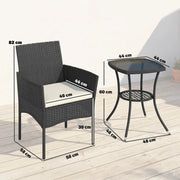Rattan Garden Bistro Set for Small Spaces with Cushioned Chairs and Glass Table Outsunny