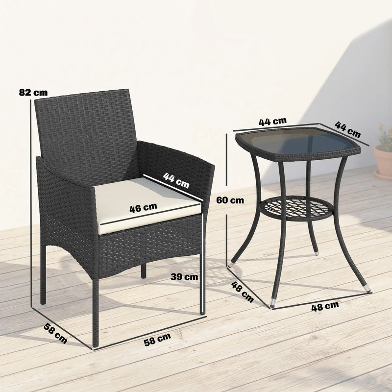 Rattan Garden Bistro Set for Small Spaces with Cushioned Chairs and Glass Table Outsunny