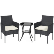 Rattan Garden Bistro Set for Small Spaces with Cushioned Chairs and Glass Table Outsunny