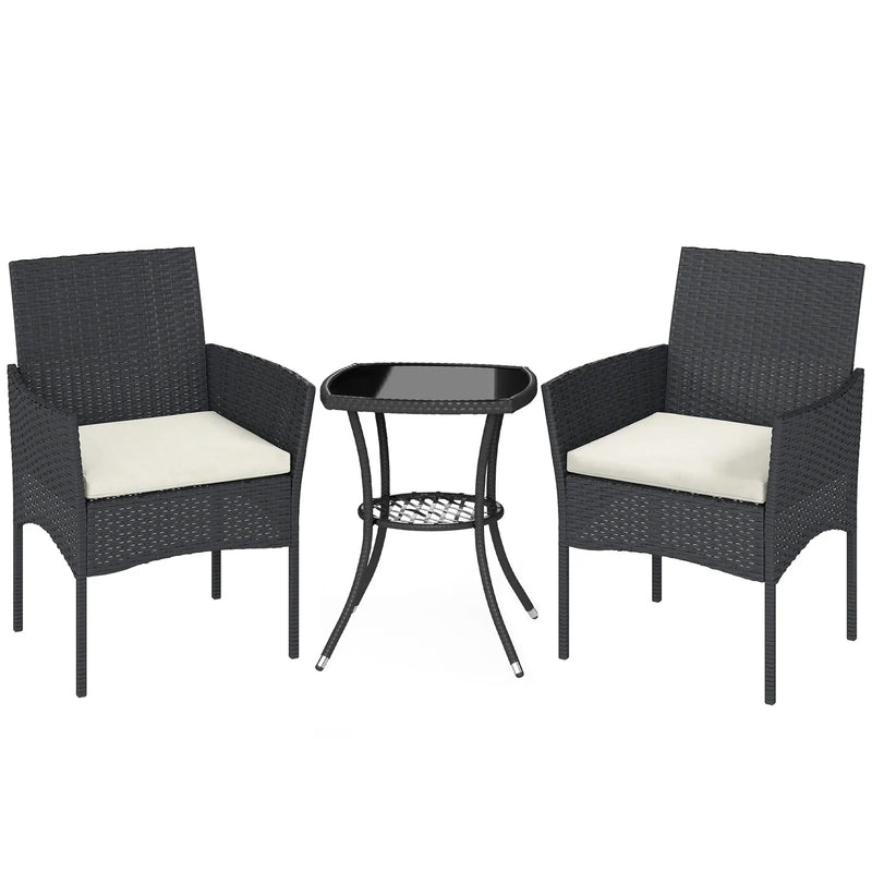 Rattan Garden Bistro Set for Small Spaces with Cushioned Chairs and Glass Table Outsunny