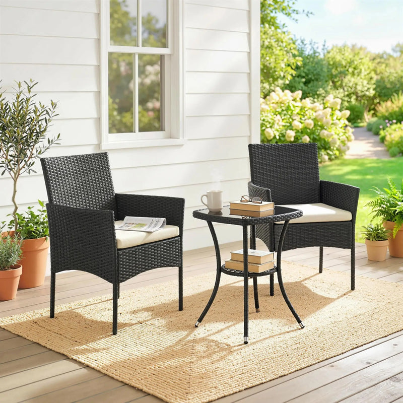 Rattan Garden Bistro Set for Small Spaces with Cushioned Chairs and Glass Table Outsunny