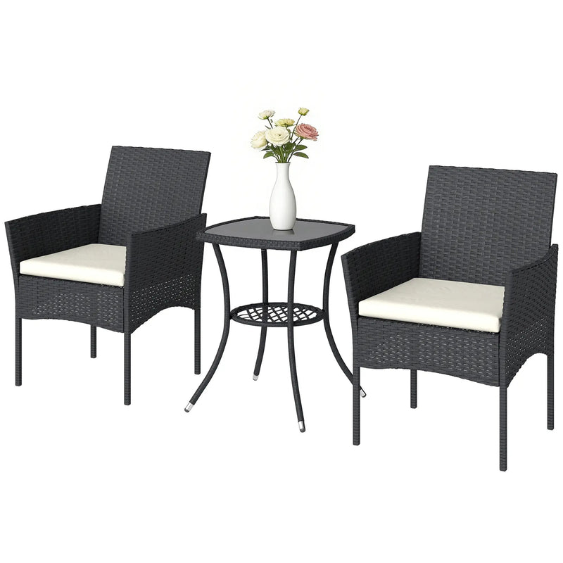 Rattan Garden Bistro Set for Small Spaces with Cushioned Chairs and Glass Table Outsunny
