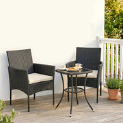 Rattan Garden Bistro Set for Small Spaces with Cushioned Chairs and Glass Table Outsunny