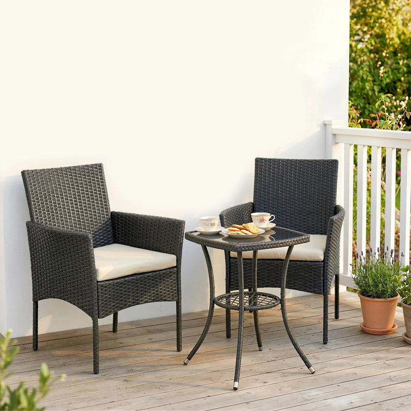 Rattan Garden Bistro Set for Small Spaces with Cushioned Chairs and Glass Table Outsunny