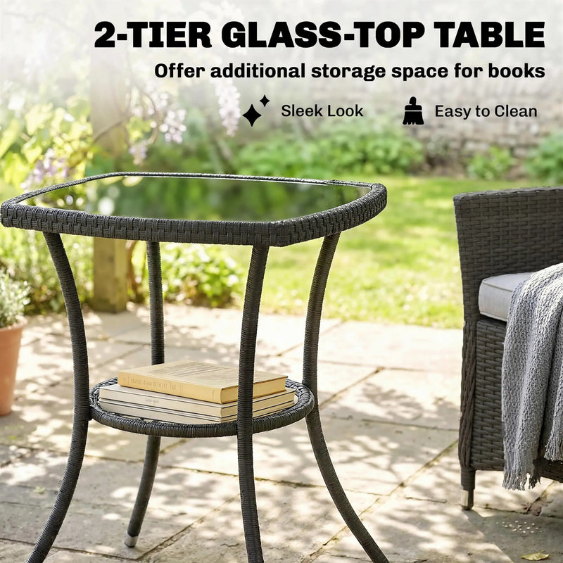 Rattan Garden Bistro Set for Small Spaces with Cushioned Chairs and Glass Table Outsunny