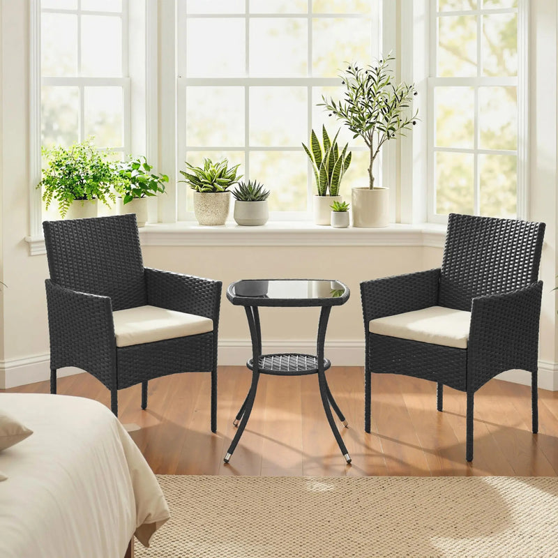 Rattan Garden Bistro Set for Small Spaces with Cushioned Chairs and Glass Table Outsunny