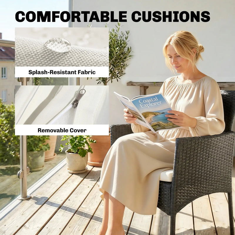 Rattan Garden Bistro Set for Small Spaces with Cushioned Chairs and Glass Table Outsunny