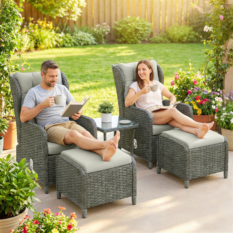 Rattan Garden Bistro Set with Reclining Chairs and Footstools for Relaxing Outdoors Cream White