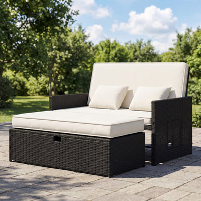 Rattan Garden Day Bed with Adjustable Backrest and Hidden Storage Cream White