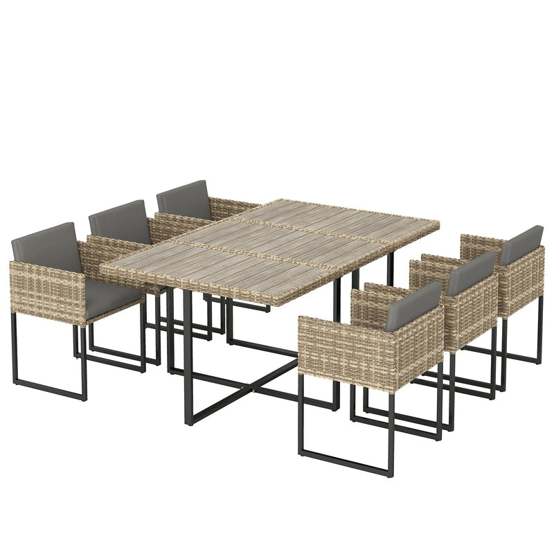 7-Piece Rattan Garden Dining Set with 6 Cushioned Chairs and Large Dining Table — Grey or Brown Outsunny