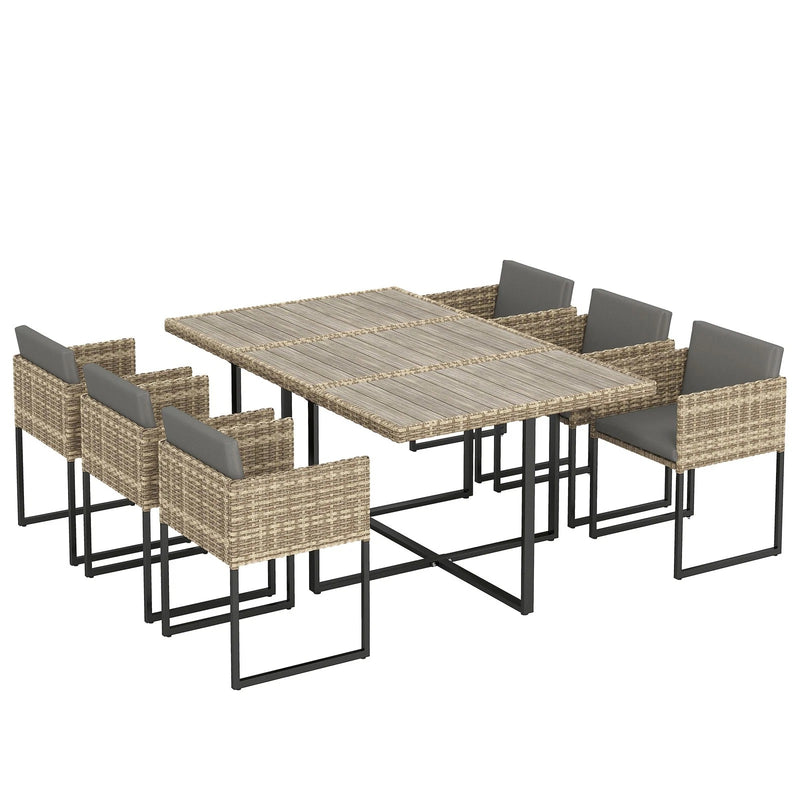 7-Piece Rattan Garden Dining Set with 6 Cushioned Chairs and Large Dining Table — Grey or Brown Outsunny