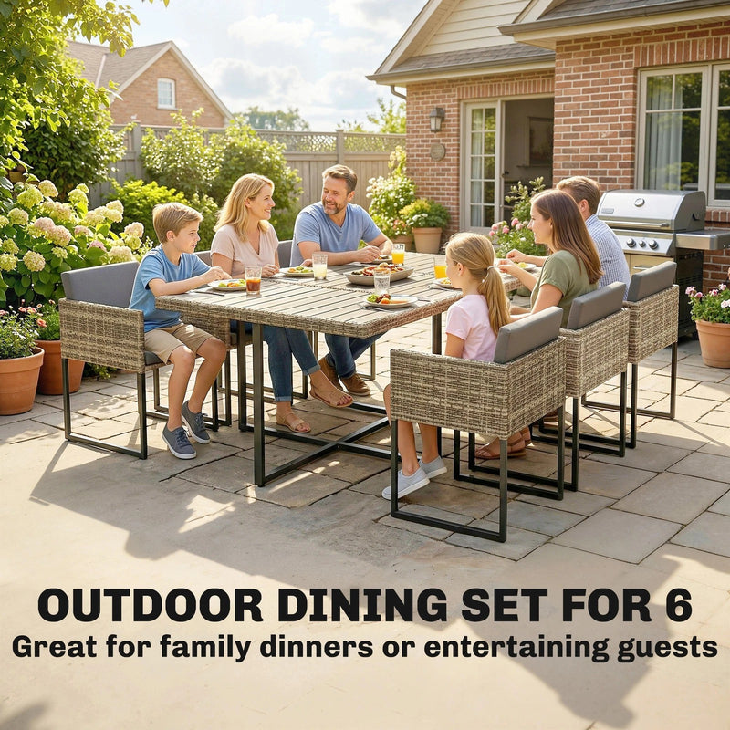 7-Piece Rattan Garden Dining Set with 6 Cushioned Chairs and Large Dining Table — Grey or Brown Outsunny
