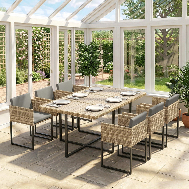 7-Piece Rattan Garden Dining Set with 6 Cushioned Chairs and Large Dining Table — Grey or Brown Outsunny