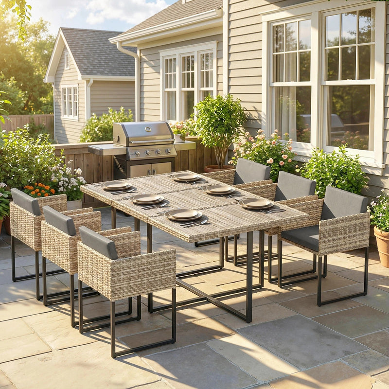 7-Piece Rattan Garden Dining Set with 6 Cushioned Chairs and Large Dining Table — Grey or Brown Outsunny