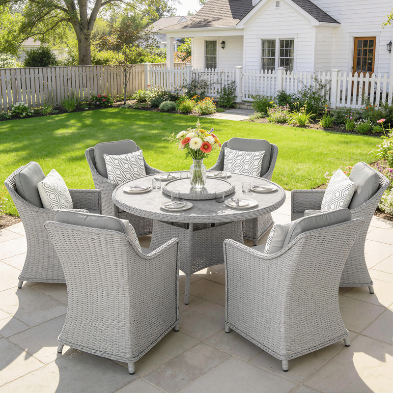 Rattan Garden Dining Set for 6 with Lazy Susan and Cushions for Easy Outdoor Meals Grey
