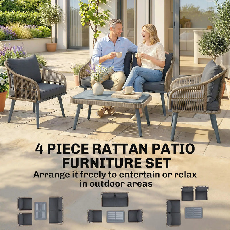 Rattan Garden Furniture Set for Relaxing Outdoor Seating with Cushions and Coffee Table Cream Outsunny