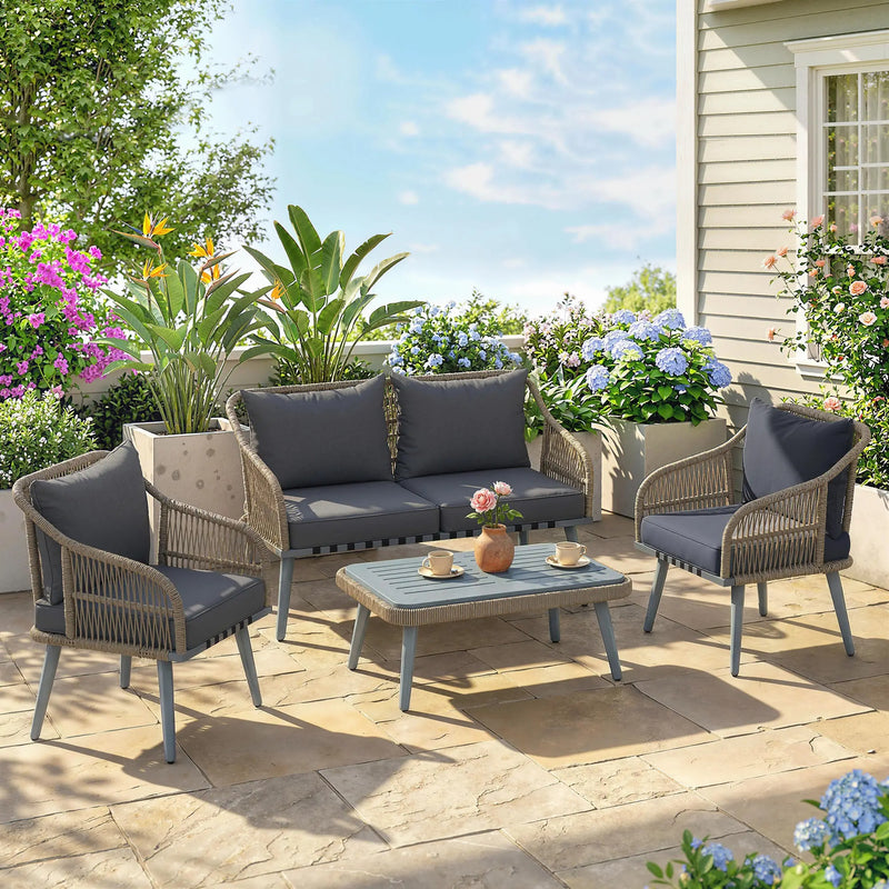 Rattan Garden Furniture Set for Relaxing Outdoor Seating with Cushions and Coffee Table Cream Outsunny