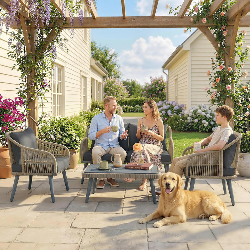 Rattan Garden Furniture Set for Relaxing Outdoor Seating with Cushions and Coffee Table Cream Outsunny