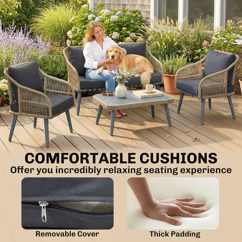 Rattan Garden Furniture Set for Relaxing Outdoor Seating with Cushions and Coffee Table Cream Outsunny