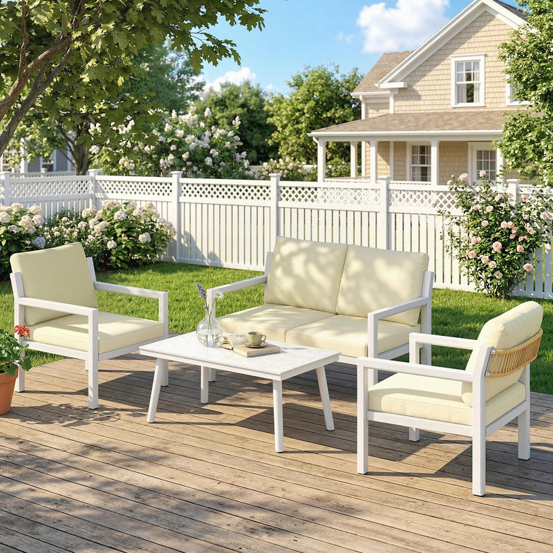 4 Piece Rattan Garden Furniture Set with Loveseat, Armchairs and Coffee Table — Beige or Dark Grey Outsunny