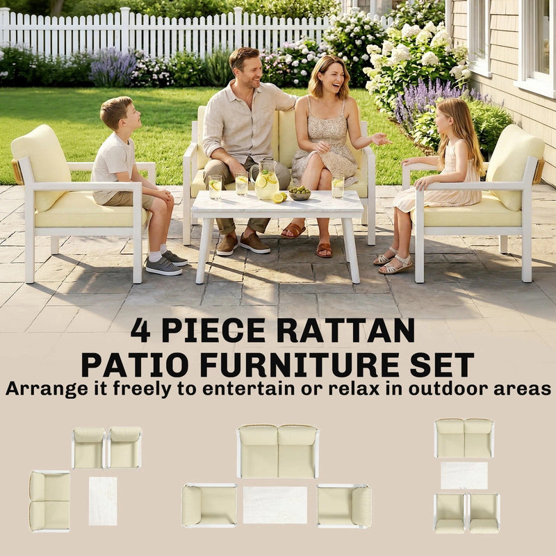 4 Piece Rattan Garden Furniture Set with Loveseat, Armchairs and Coffee Table — Beige or Dark Grey Outsunny