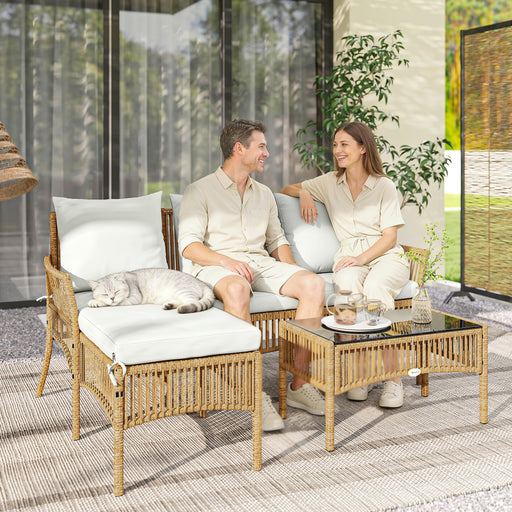Rattan Garden Furniture Set with Loveseat Chaise Lounge and Coffee Table for Outdoor Relaxing Cream White