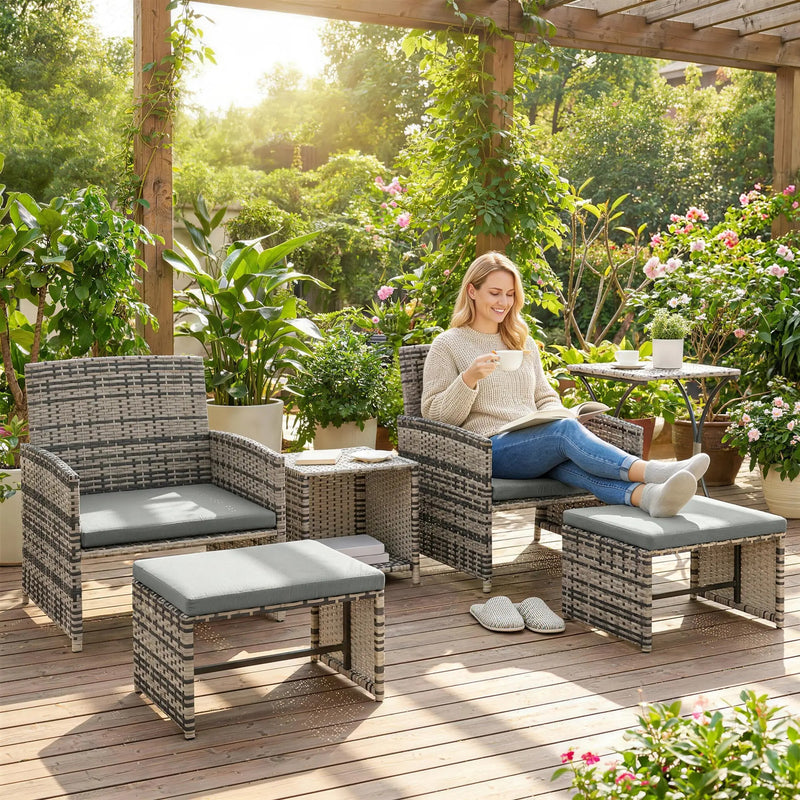 Rattan Lounger Garden Furniture Set 6 Piece with Nesting Tables and Cushioned Seats Outsunny