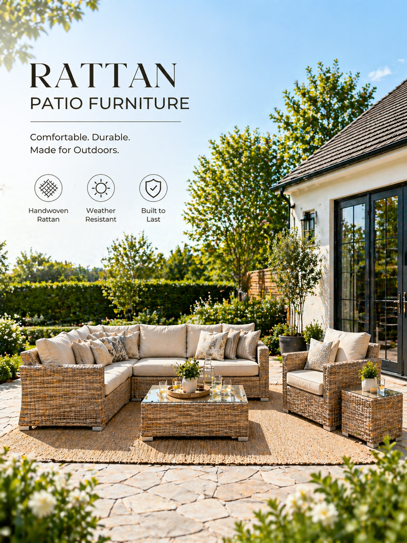 Rattan patio furniture set in a garden with a house in the background