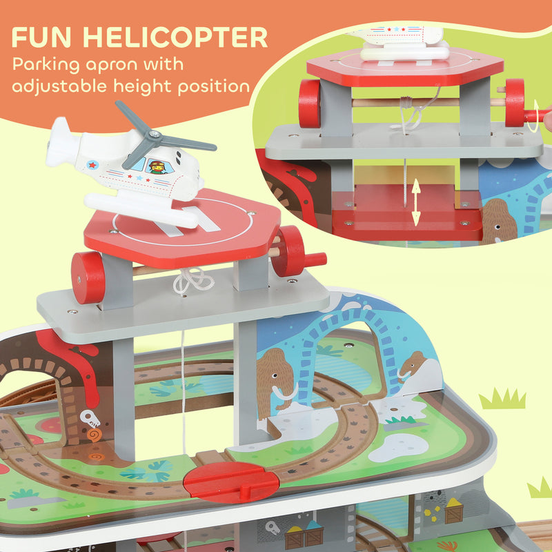 79 Piece Wooden Train Set with Crane and Helicopter Fun Mine Themed Track for Kids, Natural AOSOM