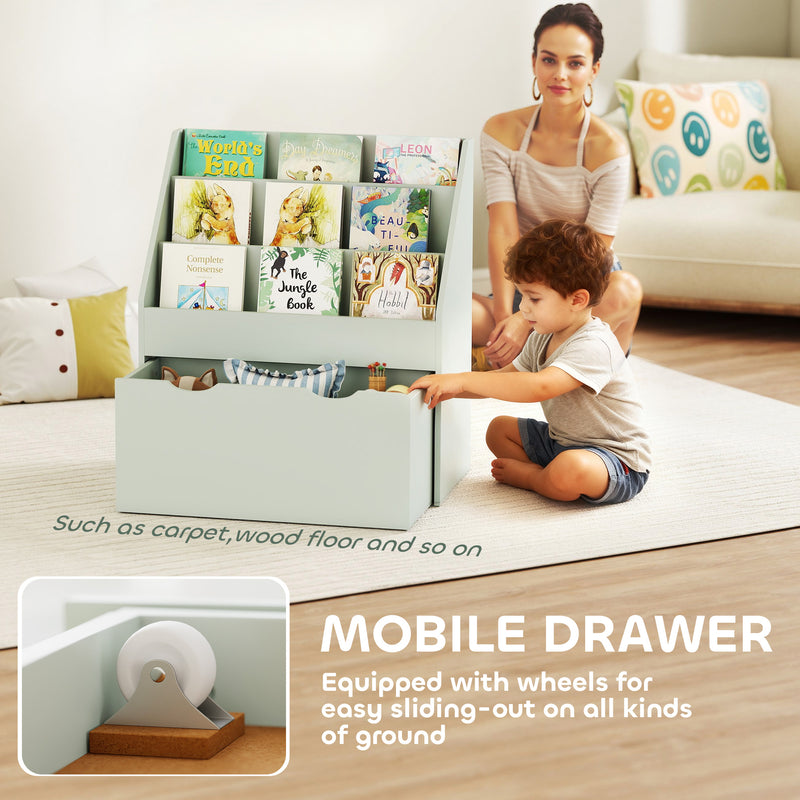 Kids Bookcase with Shelves and Drawer for Bedroom or Playroom Storage Green