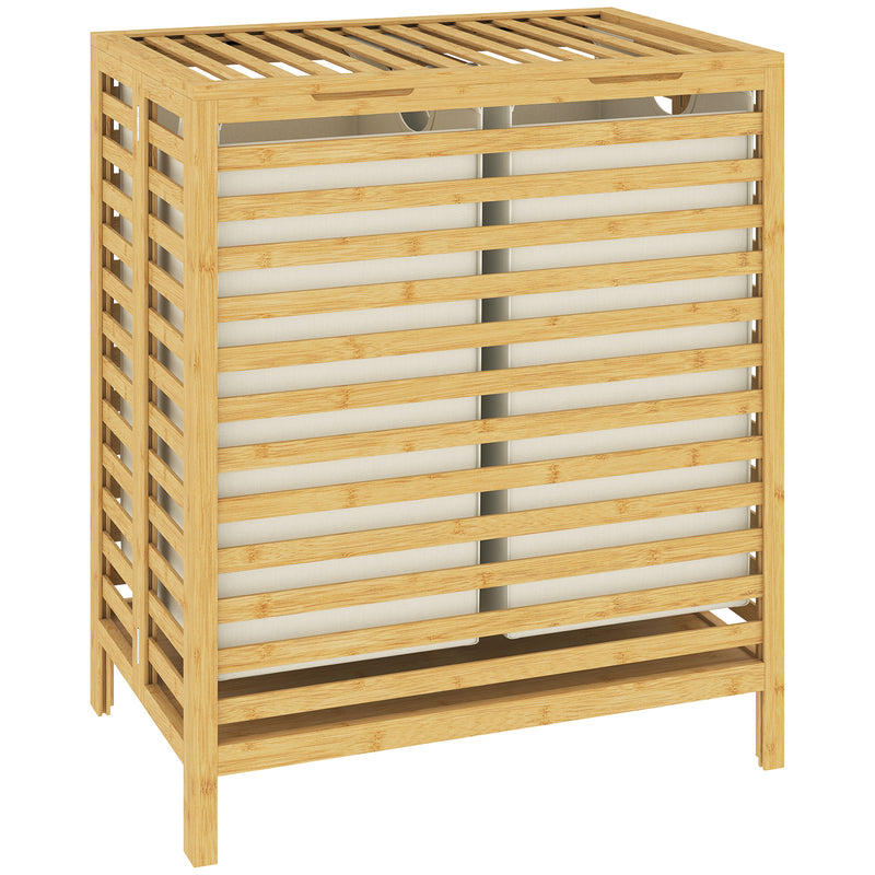 Double Laundry Basket With Removable Bags and Top Shelf for Easy Sorting Natural Bamboo Cream