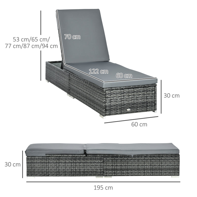 Grey Rattan Sun Loungers Set of 2 With Cushions and 5 Position Reclining Backrests