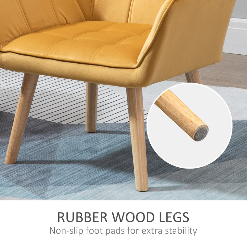 Set of 2 Upholstered Armchairs with Wide Arms and Wooden Legs for Bedroom Seating Yellow