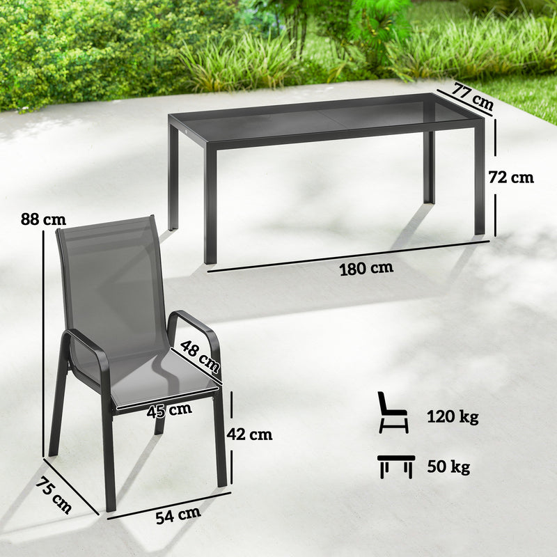 8 Seater Garden Dining Set with Large Rectangular Black Glass Table and Weatherproof Stackable Chairs Outsunny