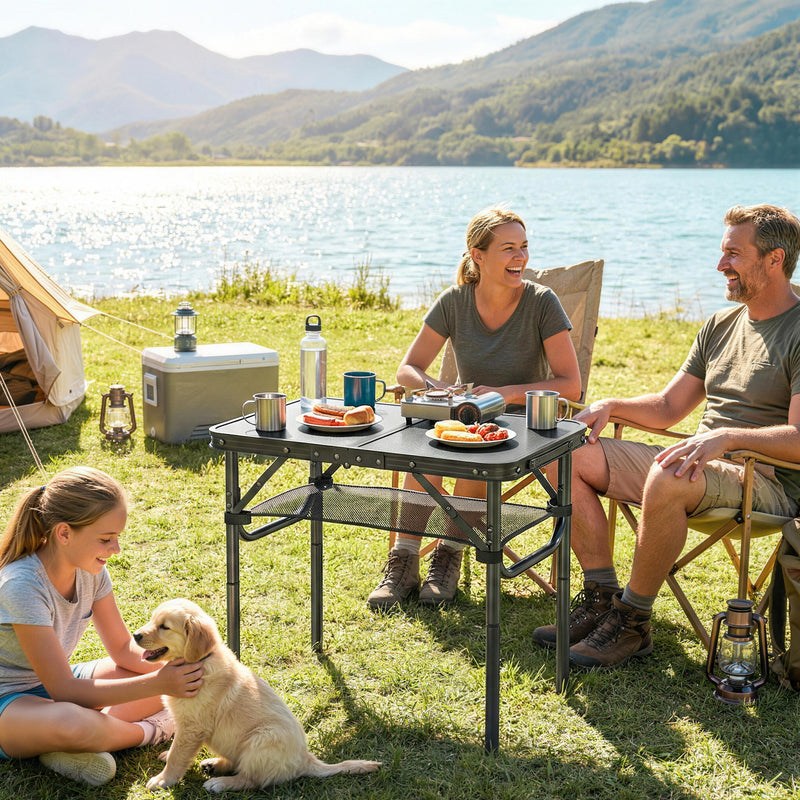 Folding Camping Table with Adjustable Height and Mesh Shelf for Picnics and BBQs Black