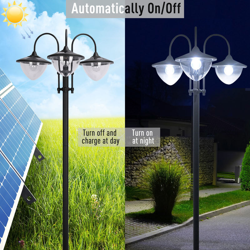 189cm Black Solar Lamp Post with Planter 3 Head Automatic LED Street Light by Outsunny