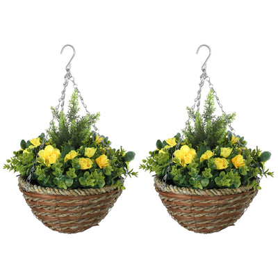 Set of Two Hanging Lisianthus Flower Pots Yellow and Green by Outsunny
