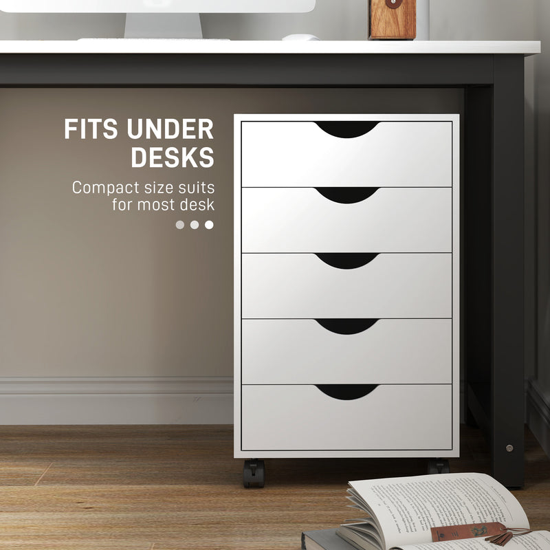 White 5 Drawer Mobile Filing Cabinet with Wheels for Office Storage by Outsunny AOSOM