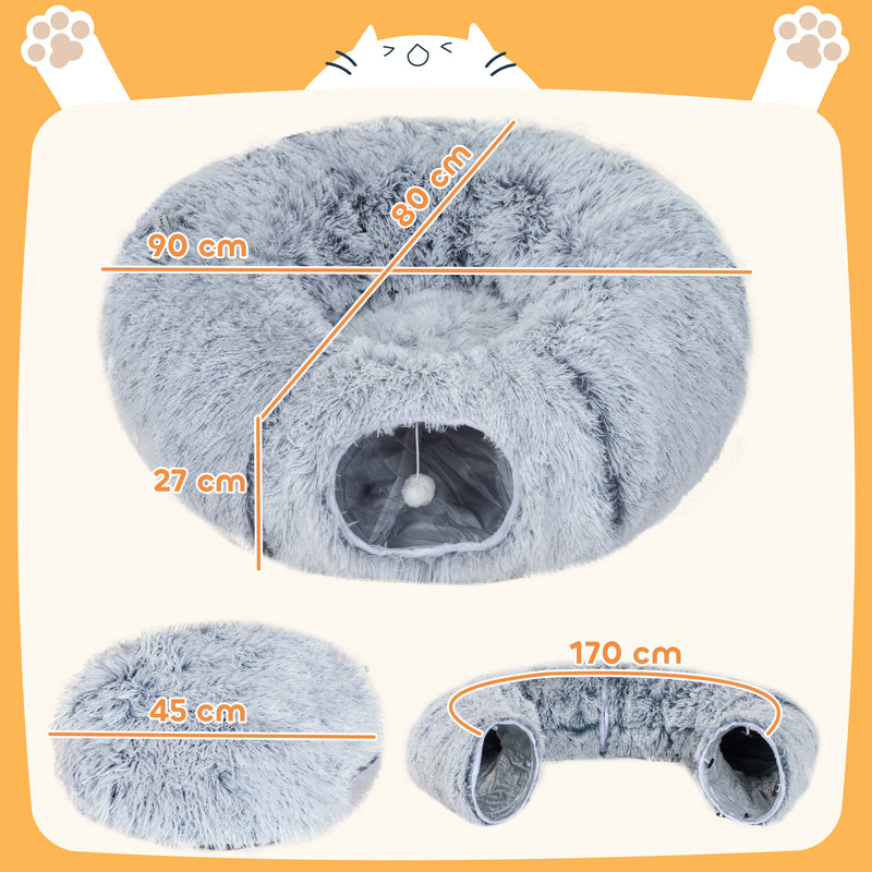 2 in 1 Donut Cat Tunnel Bed with Toy Ball and Door Hole for Indoor Play, Light Grey