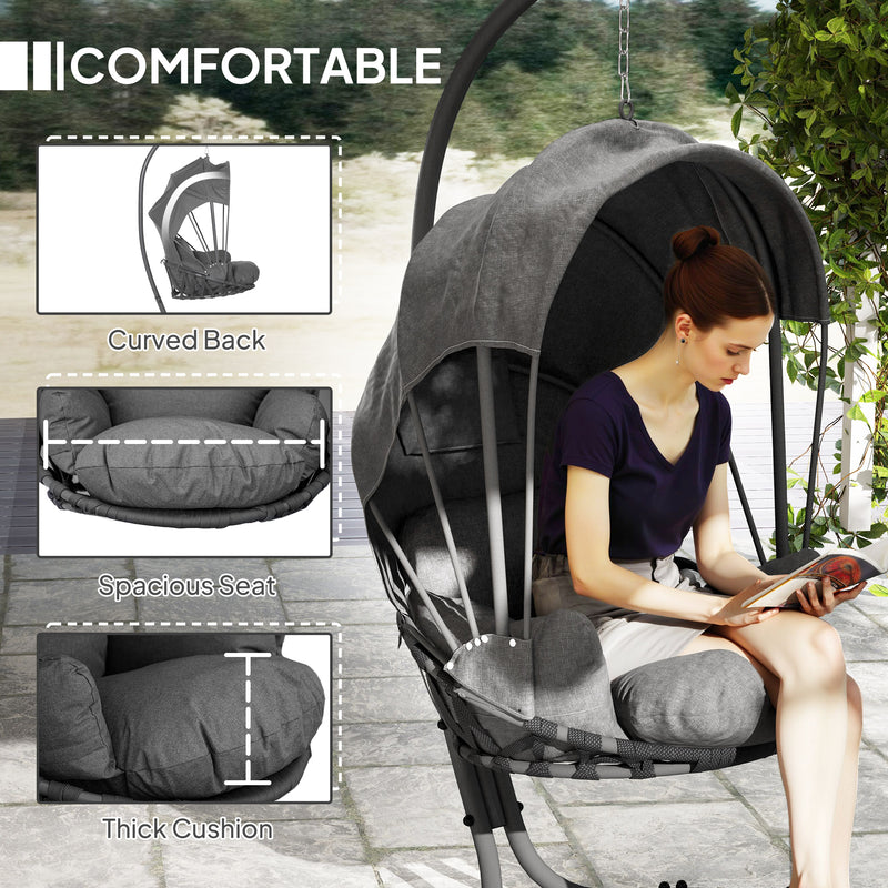 Grey Hanging Egg Chair Swing with Stand Cushion and Retractable Canopy for Indoor or Outdoor by Outsunny
