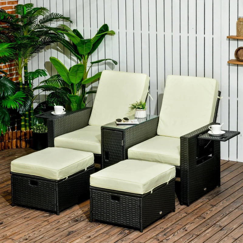 Image of a Black Rattan Reclining Garden Chairs Set With Beige Cushions, Footstools and Centre Table
