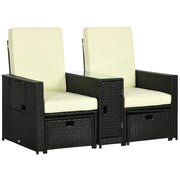 Image of a Black Rattan Reclining Garden Chairs Set With Beige Cushions, Footstools and Centre Table