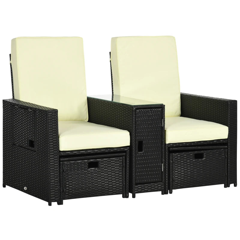 Image of a Black Rattan Reclining Garden Chairs Set With Beige Cushions, Footstools and Centre Table
