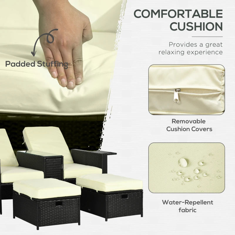 Image of a Black Rattan Reclining Garden Chairs Set With Beige Cushions, Footstools and Centre Table