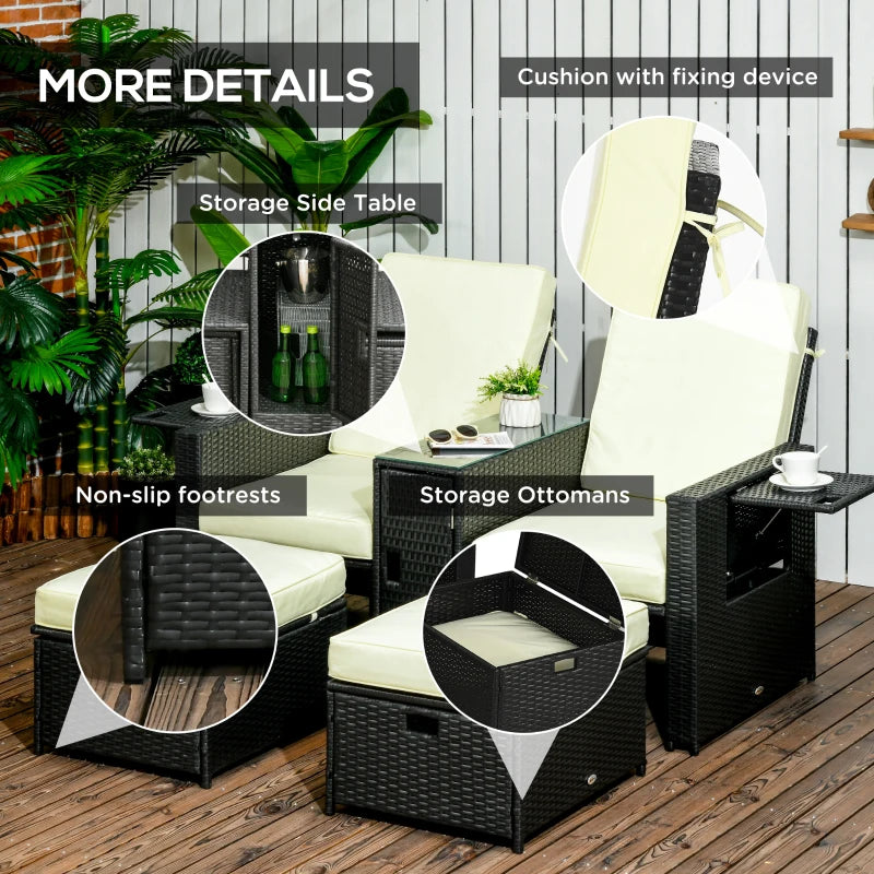 Image of a Black Rattan Reclining Garden Chairs Set With Beige Cushions, Footstools and Centre Table