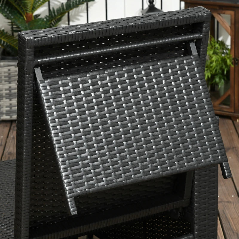 Image of a Black Rattan Reclining Garden Chairs Set With Beige Cushions, Footstools and Centre Table