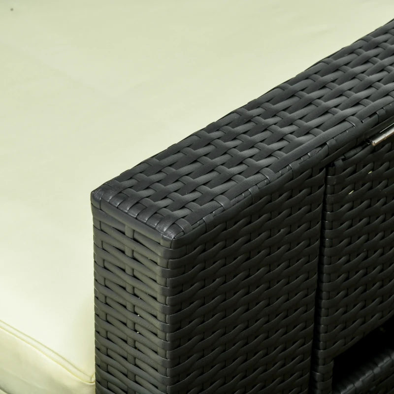 Image of a Black Rattan Reclining Garden Chairs Set With Beige Cushions, Footstools and Centre Table