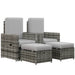 Image of a grey rattan outdoor garden furniture set with 2 reclining armchairs, footstools, storage and a drinks table