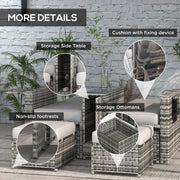 Image of a grey rattan outdoor garden furniture set with 2 reclining armchairs, footstools, storage and a drinks table